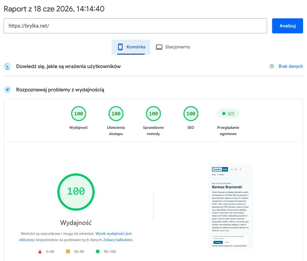 Raport PageSpeed Insights dla brylka.net: Wydajność 100, Ułatwienia dostępu 100, Sprawdzone metody 100, SEO 100 oraz Przeglądanie agentowe 3/3.
