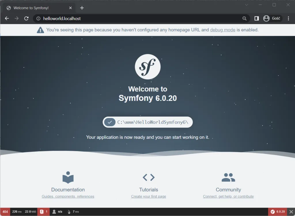 Widok strony głównej Symfony po instalacji.