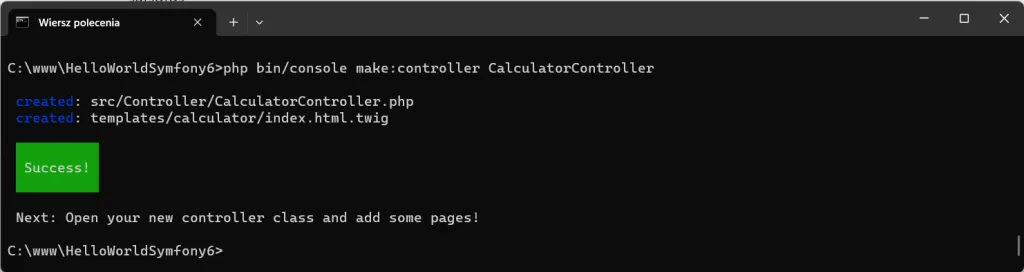 Tworzymy nowy kontroler CalculatorController w Symfony.