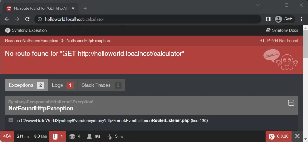 Błąd pojawiający się gdy nie podamy wymaganych liczb w adresie URL.
