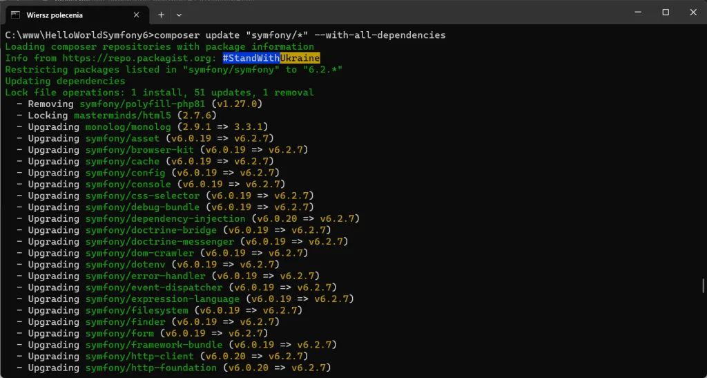 Aktualizacja Symfony - uruchomienie update Symfony