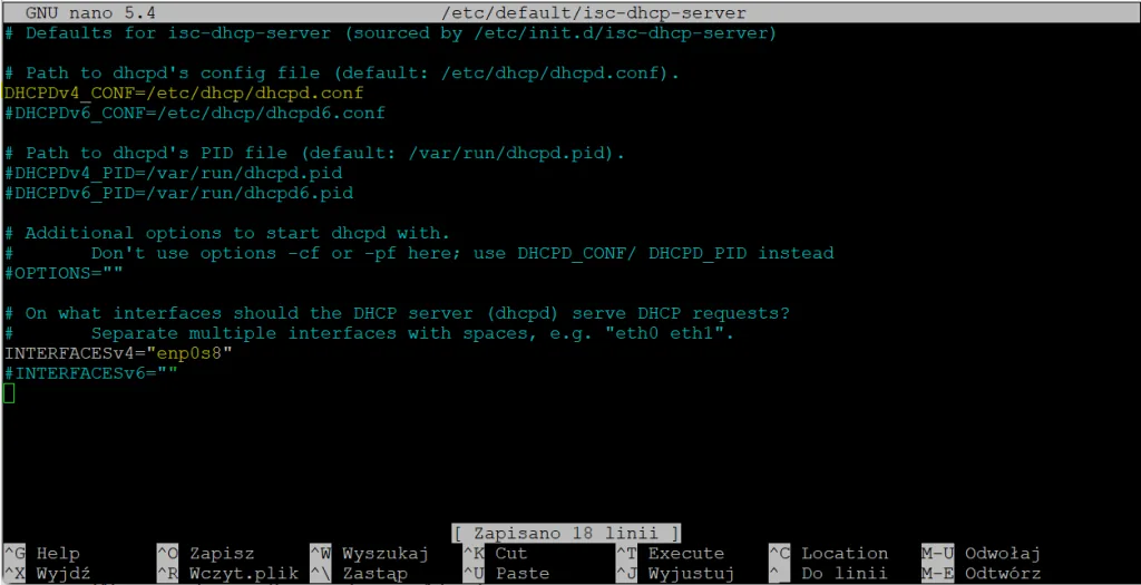 Konfiguracja serwera DHCP - edycja pliku /etc/default/isc-dhcp-server