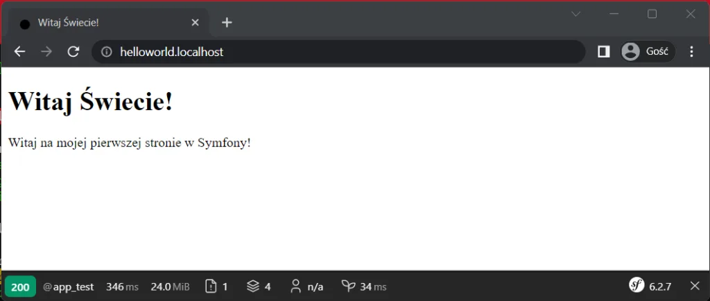 Widok strony Hello World! wraz z wersją Symfony w prawym dolnym rogu.