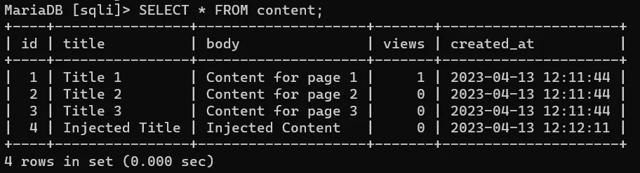 Zawartość tabeli content z wstawionym poprzez atak SQL Injection rekordem