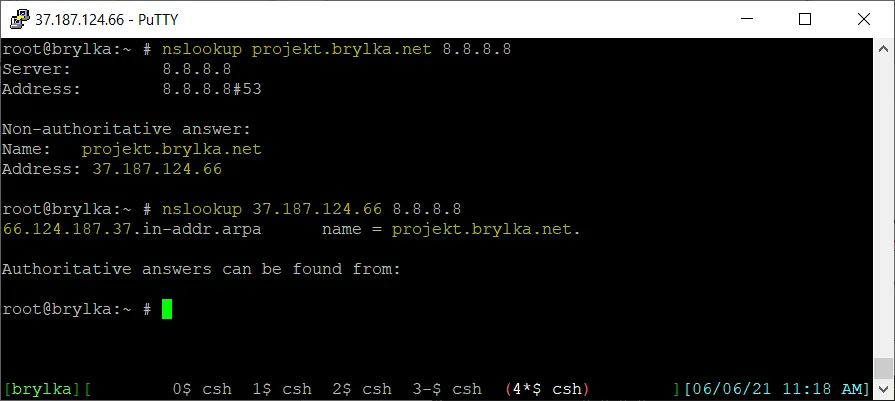 Odpytanie DNS Google o nazwę projekt.brylka.net oraz adres IP 37.187.124.66.