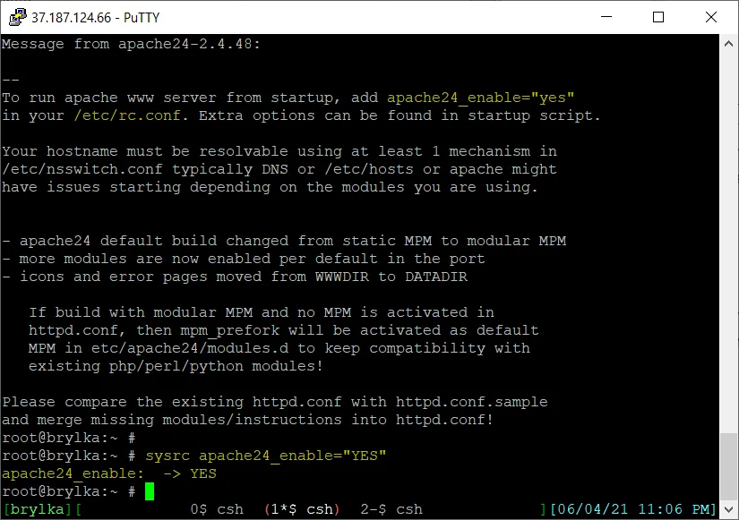 Informacje poinstalacyjne — wpis aktywujący Apache w /etc/rc.conf.