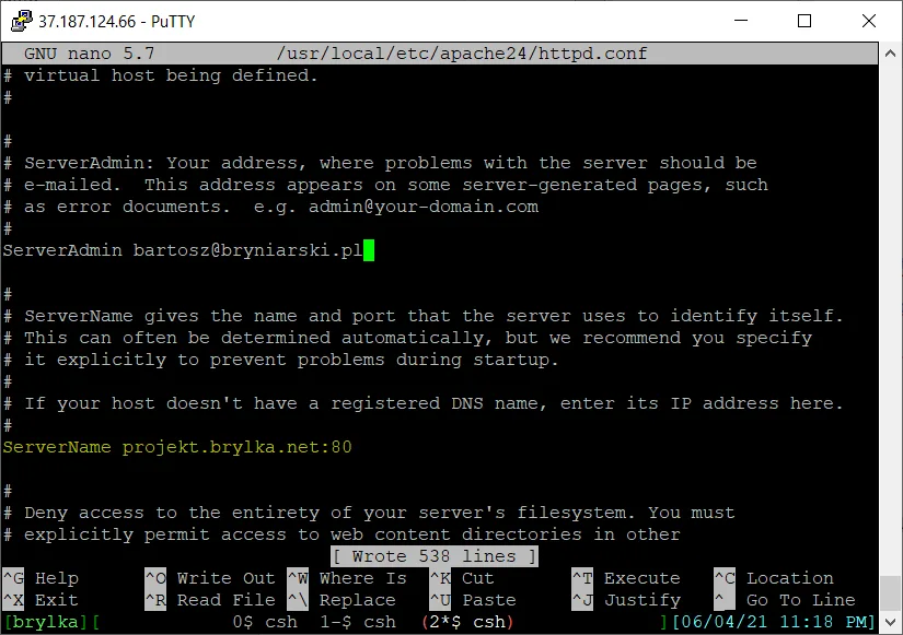 Dodanie wpisu ServerName w pliku konfiguracyjnym Apache.