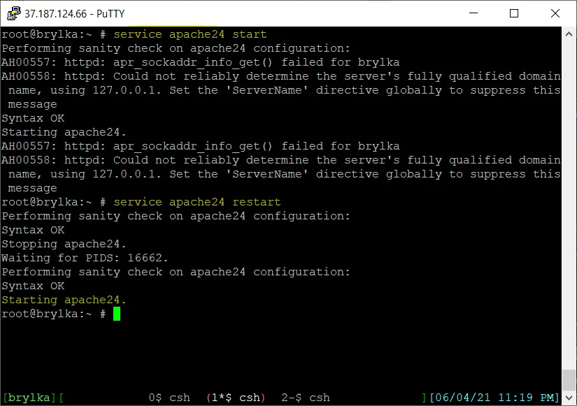 Po ustawieniu ServerName przeładowanie Apache nie wyświetla już błędów.