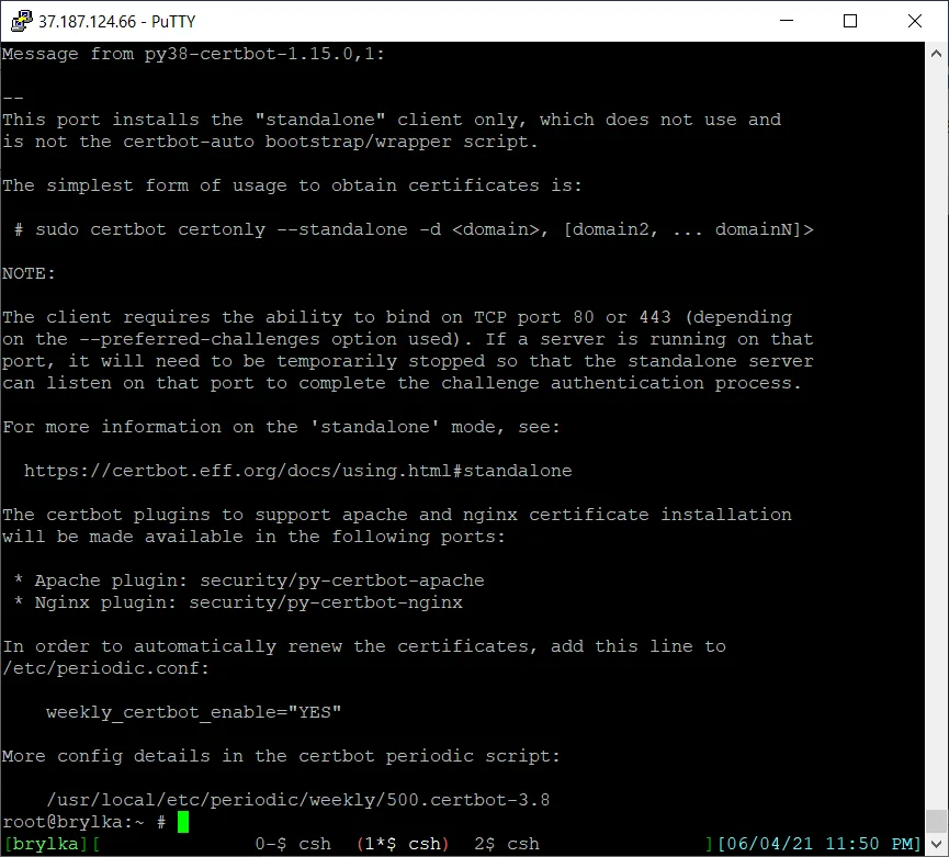 Informacje poinstalacyjne klienta Let's Encrypt z kolejnymi krokami konfiguracji.