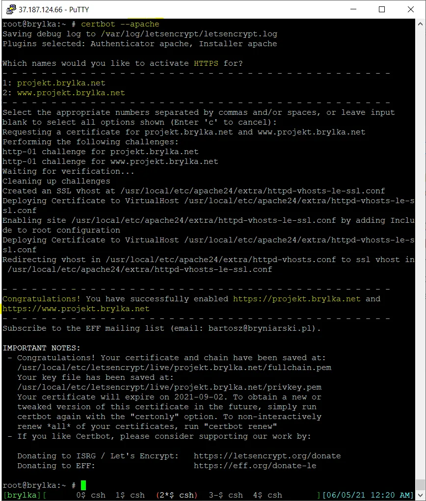 Instalacja certyfikatu SSL dla domen podpiętych do serwera.