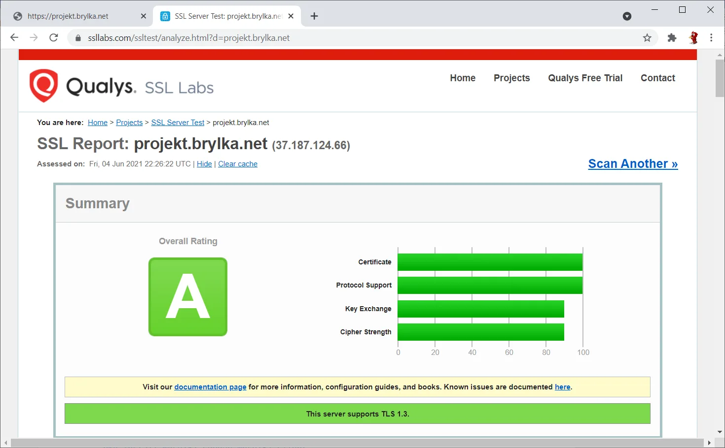 Analiza w ssllabs.com potwierdza dobre zabezpieczenie projekt.brylka.net.