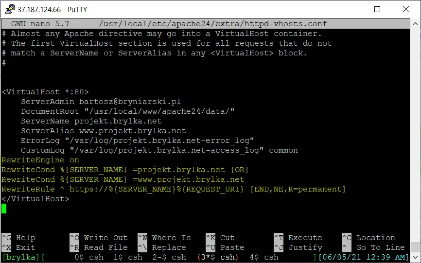 Reguły Rewrite dodane do vhosta (przekierowanie HTTP → HTTPS).