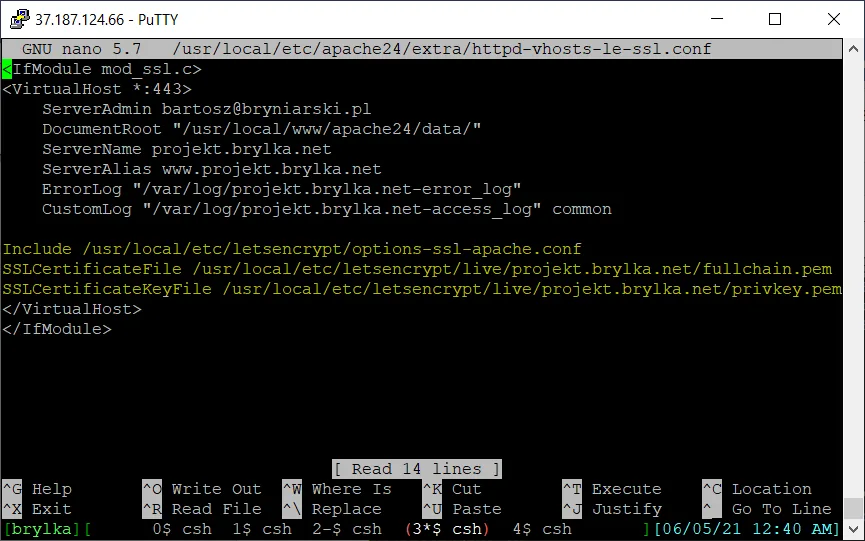 Położenie kluczy Let's Encrypt w konfiguracji vhosta.