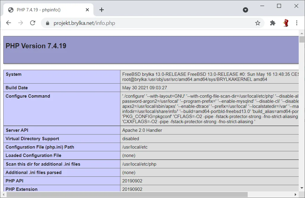 Obsługa PHP na serwerze zainstalowana i działająca.