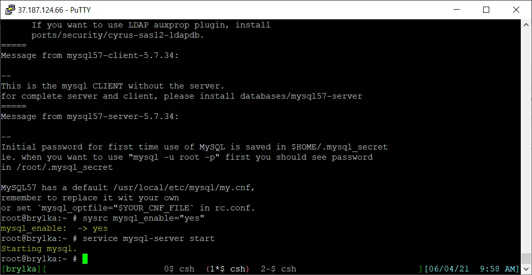 Wpis do rc.conf oraz uruchomienie serwera MySQL.