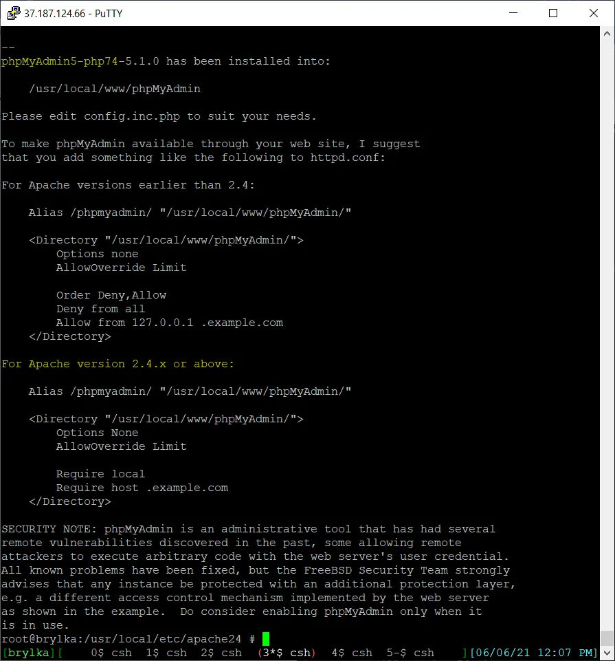 Informacje poinstalacyjne phpMyAdmin (linijki do konfiguracji Apache).
