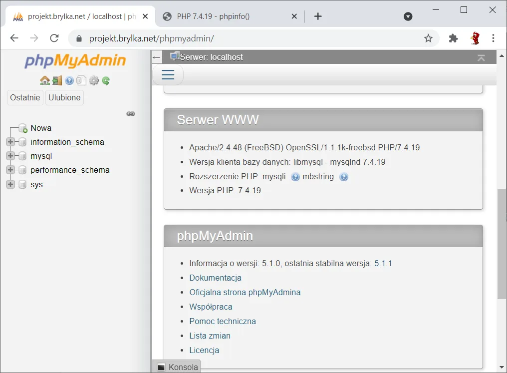 Zalogowanie do phpMyAdmin na konto administratora.