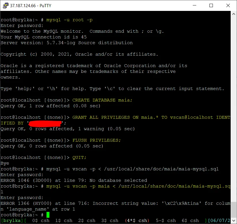 Dodanie użytkownika i bazy maia, import pliku SQL.