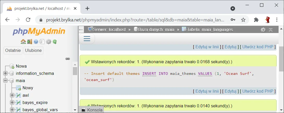 Ręczny import pozostałych kwerend z pliku maia-mysql.sql.