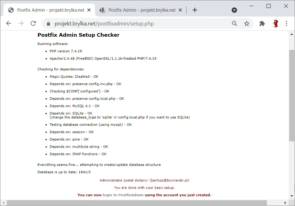 Dodanie administratora systemu pocztowego w PostfixAdmin.