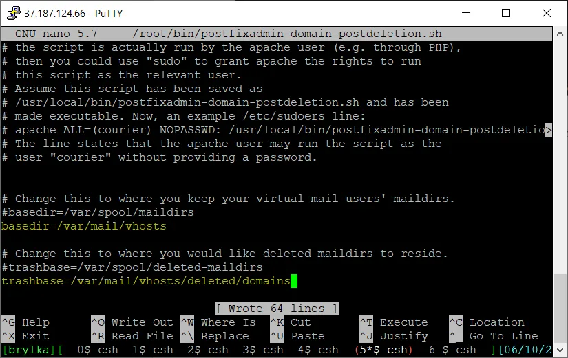 Edycja pliku postfixadmin-domain-postdeletion.sh.