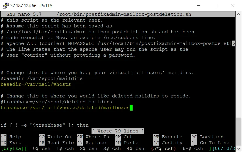 Edycja pliku postfixadmin-mailbox-postdeletion.sh.