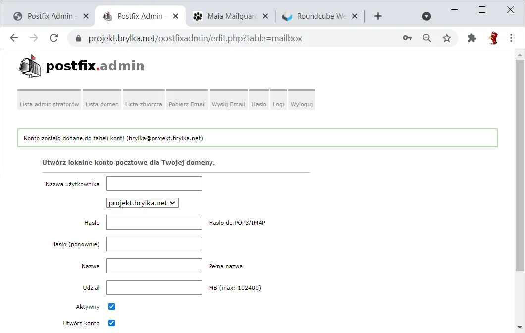 Dodanie konta do systemu pocztowego (PostfixAdmin).