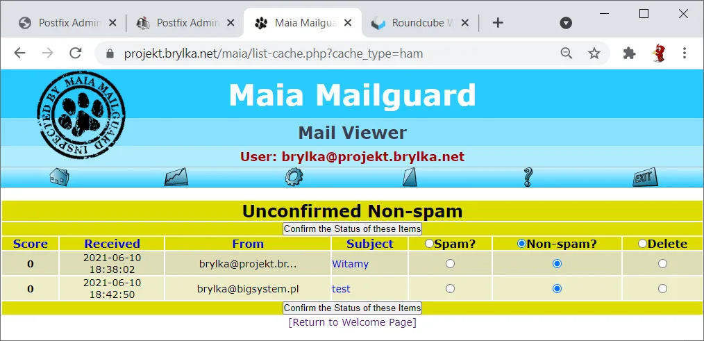 Panel Maia-Mailguard — dostarczone wiadomości (powitalna i testowa).