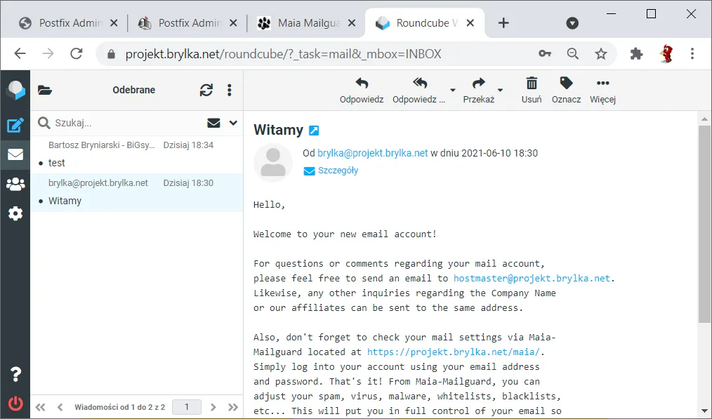 Test Roundcube — przeglądanie wiadomości.