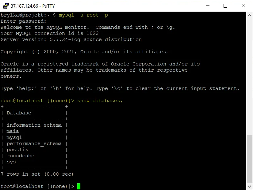 Lokalne logowanie na konto administratora MySQL.