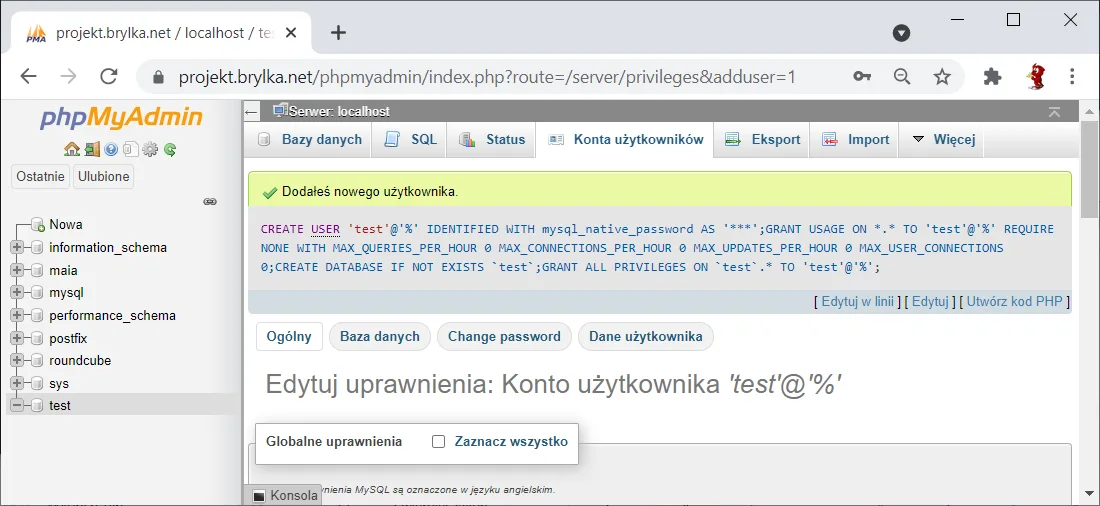 Test phpMyAdmin — dodanie konta test.