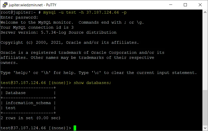 Zdalne logowanie do MySQL na użytkownika „test".