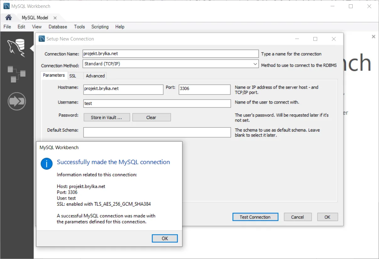 Połączenie do bazy w MySQL Workbench.