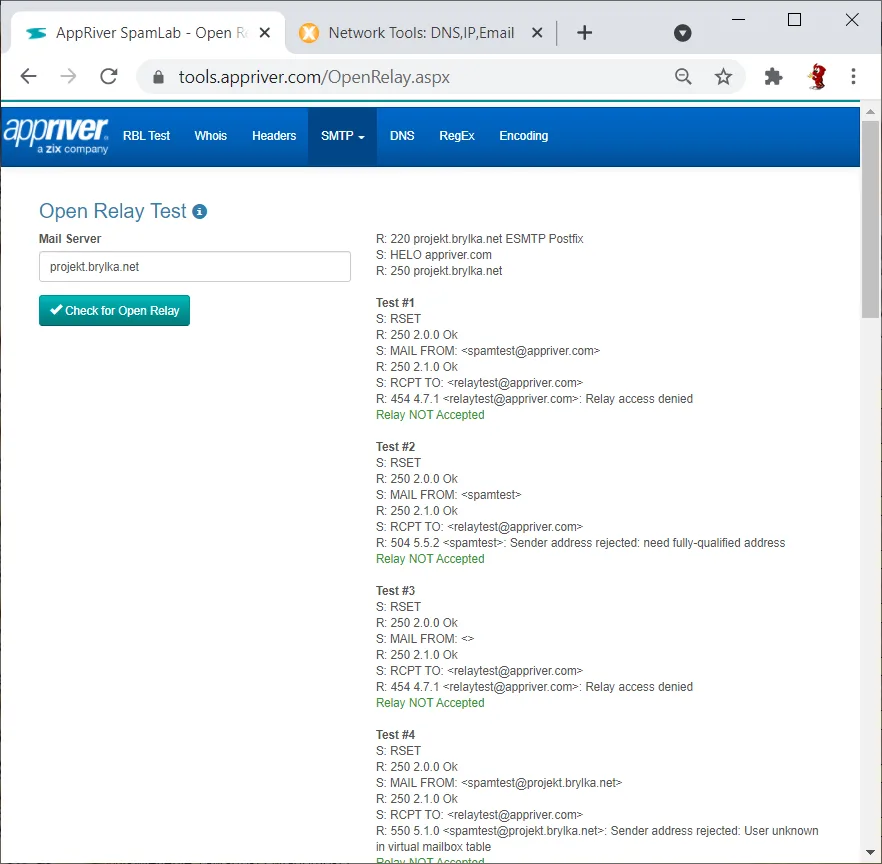 Test SMTP Open Relay (appriver).