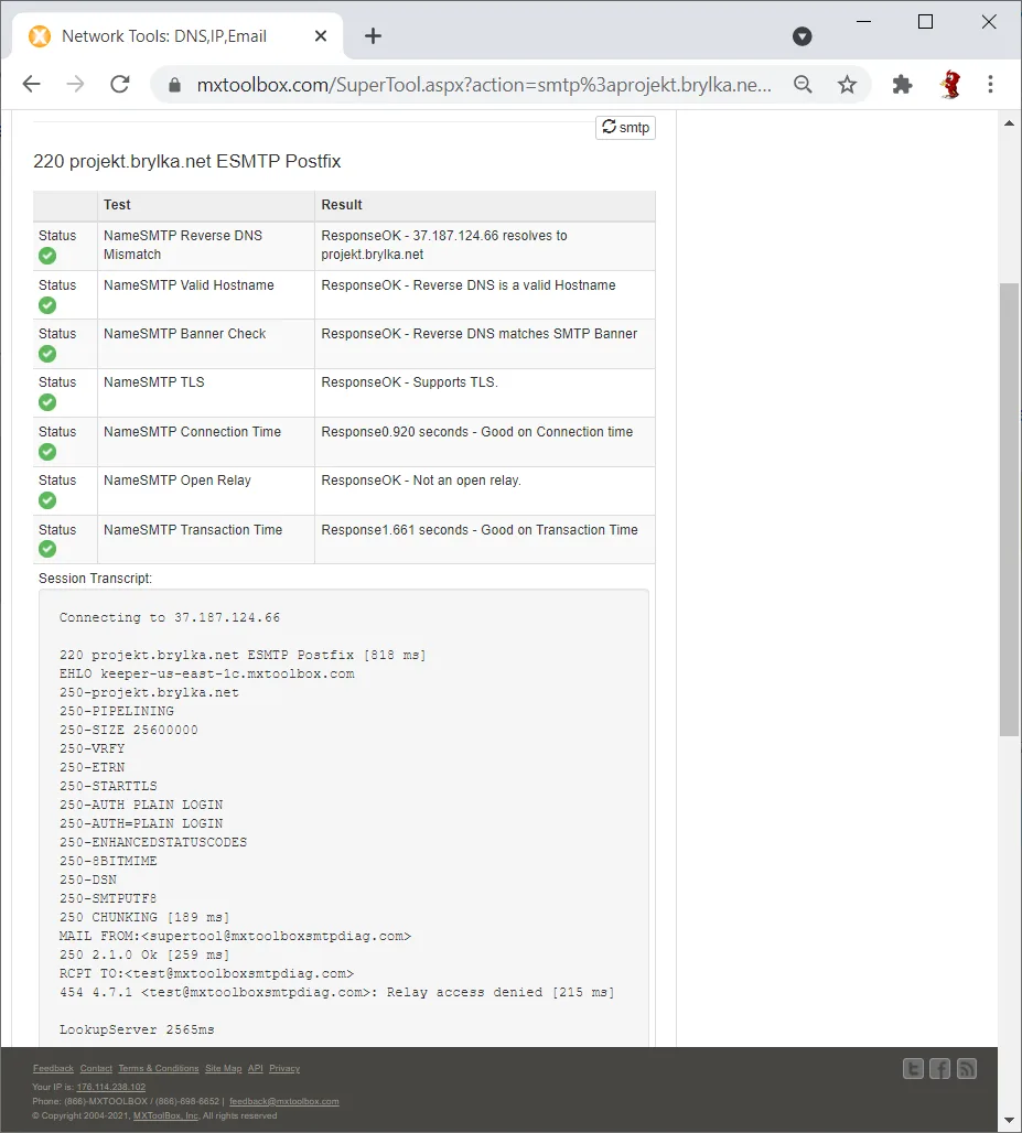 mxtoolbox potwierdza poprawną konfigurację SMTP.