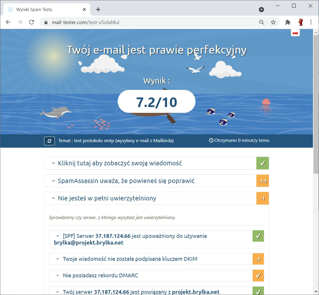 Wynik mail-tester.com potwierdza poprawną konfigurację.