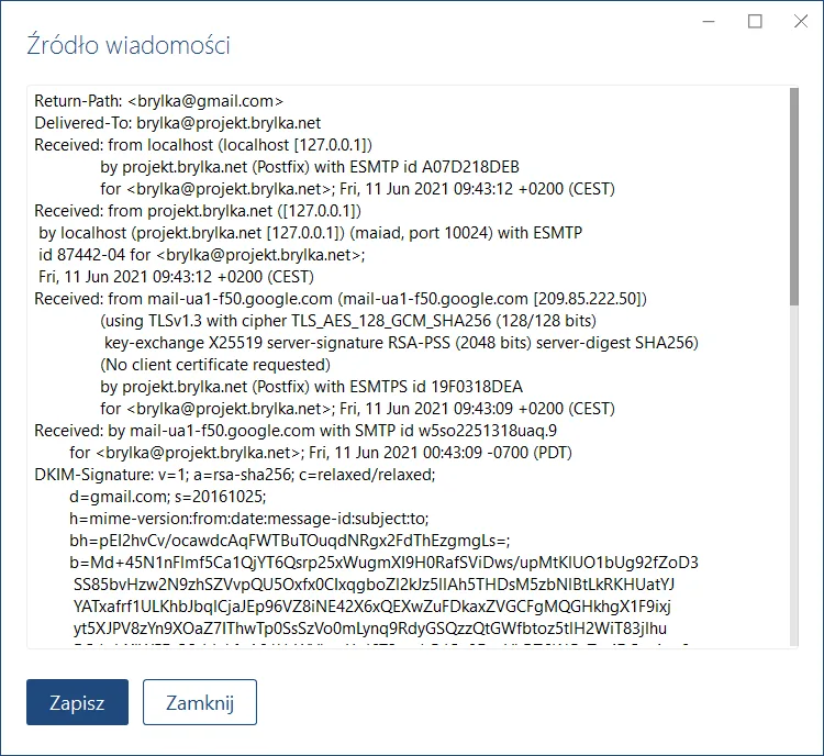Źródło wiadomości otrzymanej z serwera gmail.com.