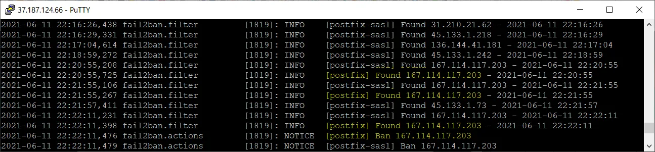 Fail2Ban wykrywa trzy niepoprawne próby i blokuje adres IP.