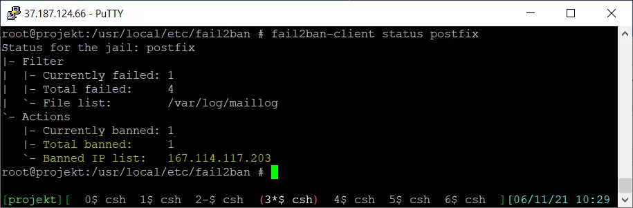 Status Fail2Ban dla Postfiksa z zablokowanym adresem IP.
