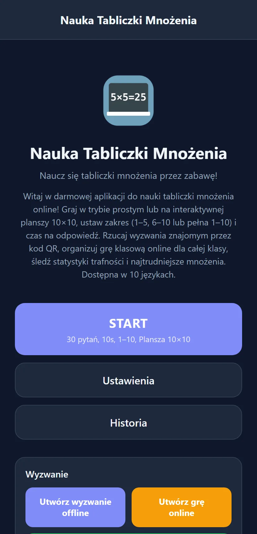 Zrzut ekranu: Tabliczka Mnożenia