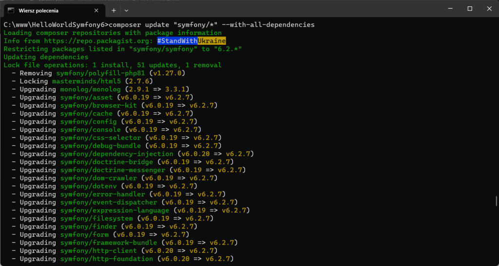 Aktualizacja Symfony - uruchomienie update Symfony
