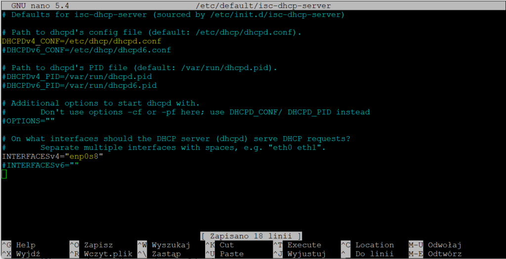 Konfiguracja serwera DHCP - edycja pliku /etc/default/isc-dhcp-server