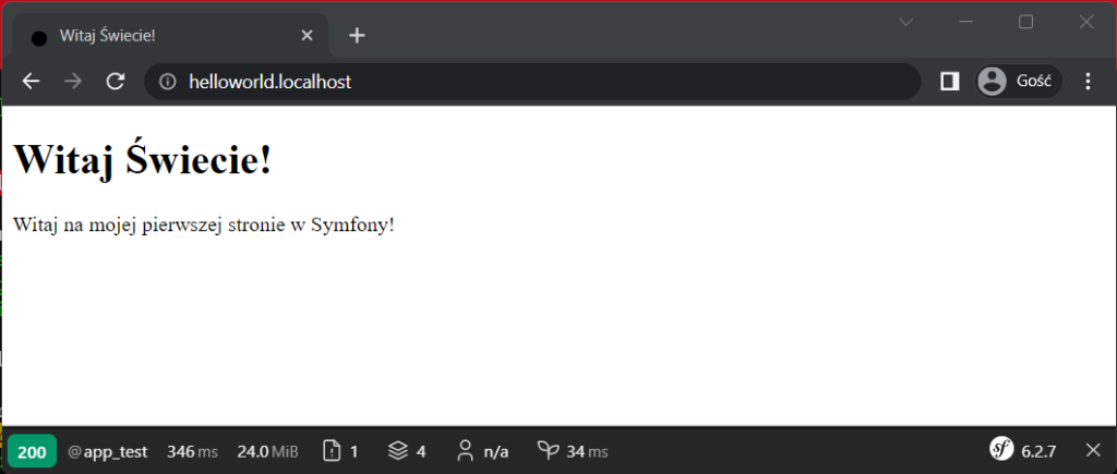 Widok strony Hello World! wraz z wersją Symfony w prawym dolnym rogu.