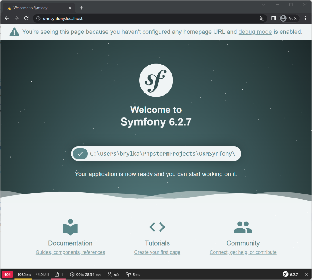 Uruchomiona aplikacja Symfony na serwerze Apache.