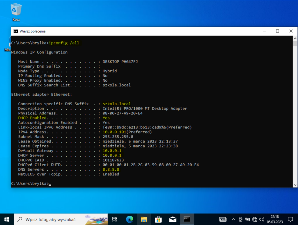 System Windows 10 otrzymał konfigurację sieci z naszego serwera DHCP